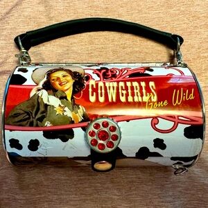 Little earth LOOK-ALIKE metal barrel purse that says COWGIRLS GONE WILD